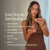 A woman in a brown swimsuit applies drops from a small  bottle onto her hand, with text on the left reading 'Your Drop-In Tan Routine' and bullet points about moisturizing, adding drops, blending, and building the routine.