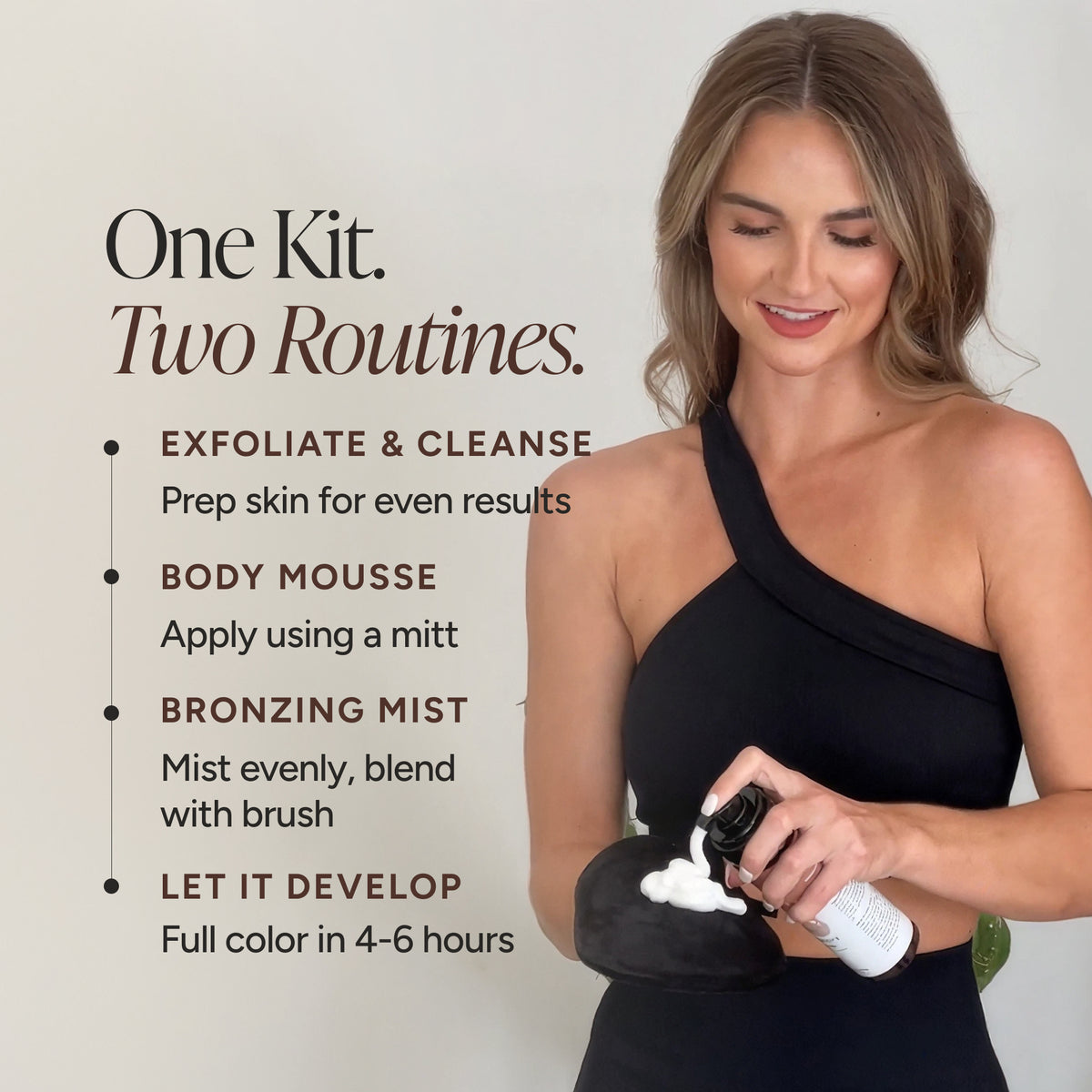 A woman in a black one-shoulder top applies white body mousse from a spray bottle to a black mitt, with text on the left reading 'One Kit. Two Routines.