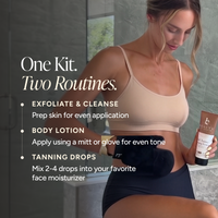 A woman in a beige sports bra and black shorts stands in a bathroom holding a tanner bottle.