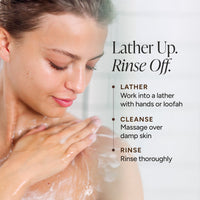 A woman with soap lather on her shoulder and upper chest, shown in a close-up with instructional text reading 'Lather Up. Rinse Off.