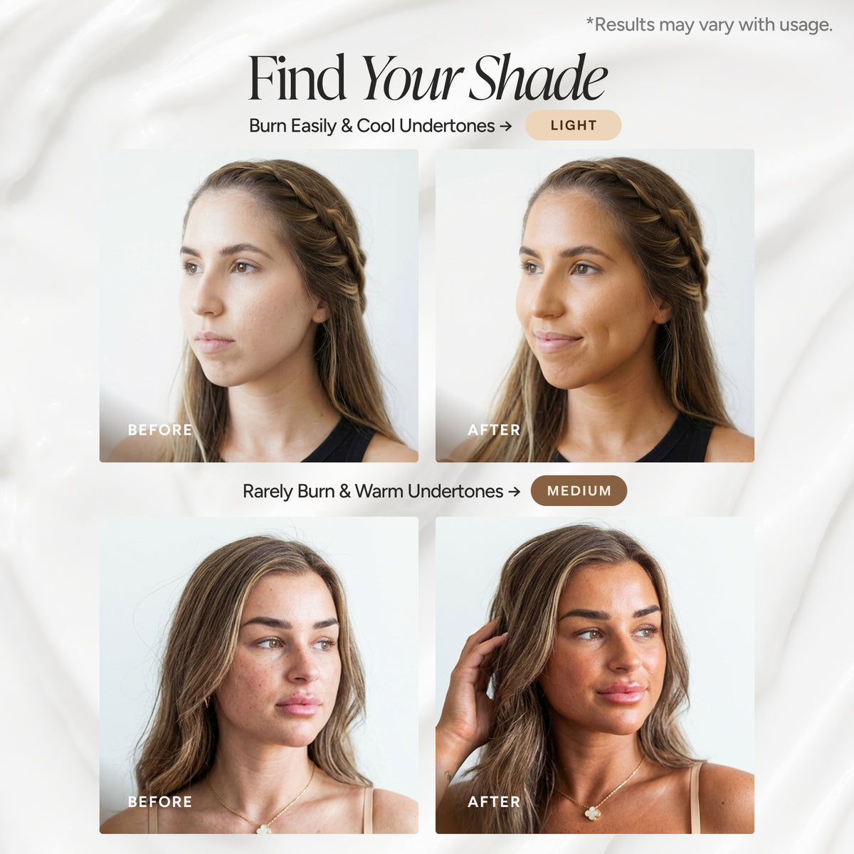 A shade-finding comparison graphic showing a woman's face labeled BEFORE and AFTER for light and medium skin tones, with text reading 'Find Your Shade' and 'Results may vary with usage.'.