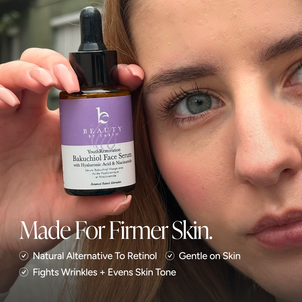 A woman holds Beauty by Earth Bakuchiol Face Serum beside a list of benefits: improves brightness, tone and texture; minimizes pores; minimizes fine lines; and has a gentle, plant-based formula.