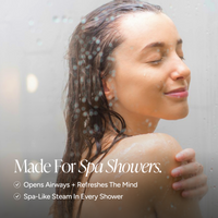 A woman with wet hair stands in a shower, smiling peacefully with water droplets visible. Text on the image reads: 'Made For Spa Showers.