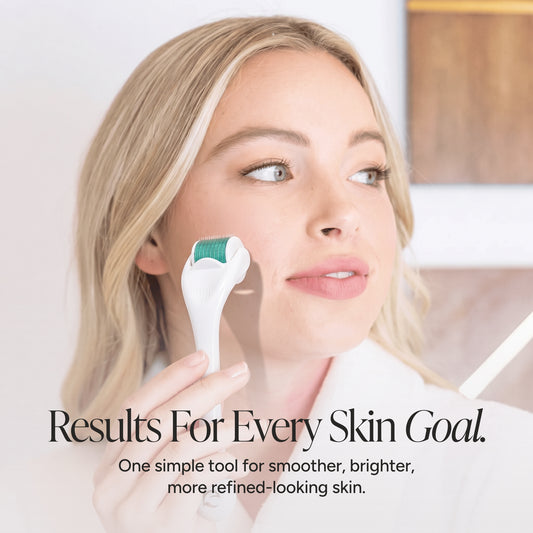 A woman with blonde hair holds a white derma roller against her cheek, with text overlay reading 'Results For Every Skin Goal. One simple tool for smoother, brighter, more refined-looking skin.