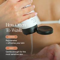 A close-up of a hand holding a white and black bottle while dispensing a clear liquid soap on another hand, with overlaid text reading 'How Often To Wash.' and usage notes for morning and night.