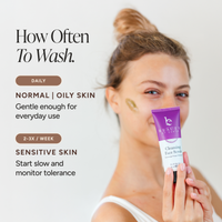A woman holds a purple and white tube of Cleansing Face Scrub next to text explaining how often to wash a face based on skin type.