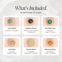 An informational graphic titled 'What's Included.' showing six bath bombs arranged in a grid with names and scent notes: Joint Relief, Bedtime Ritual, Get Well Soon, Just Relax, Muscle Relief, and Relaxing Detox.
