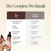 Promotional comparison graphic titled 'The Complete Pro Bundle' showing a product bundle with two bottles held at the bottom left and a feature comparison table against a warm beige background.