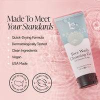 A tube of Beauty of Earth Face Wash Cleansing Gel is shown on a pink water-textured background with marketing text reading 'Made To Meet Your Standards' and feature bullet points. Made in the USA and Cruelty Free.