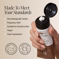 A hand holding an open tube of tanning lotion with white cream visible at the tip, set against a beige background with marketing text and icons.