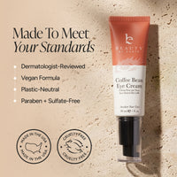 Beauty by Earth Coffee Bean Eye Cream in a peach and white squeeze tube with a black pump, displayed on a textured beige background with marketing text and certification badges.