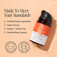 Beauty of Earth Hyper-Active Anti-Aging Vitamin C Face Cream in a dark amber pump bottle with an orange and white label, set against a warm peach liquid ripple background with marketing text and certification badges.