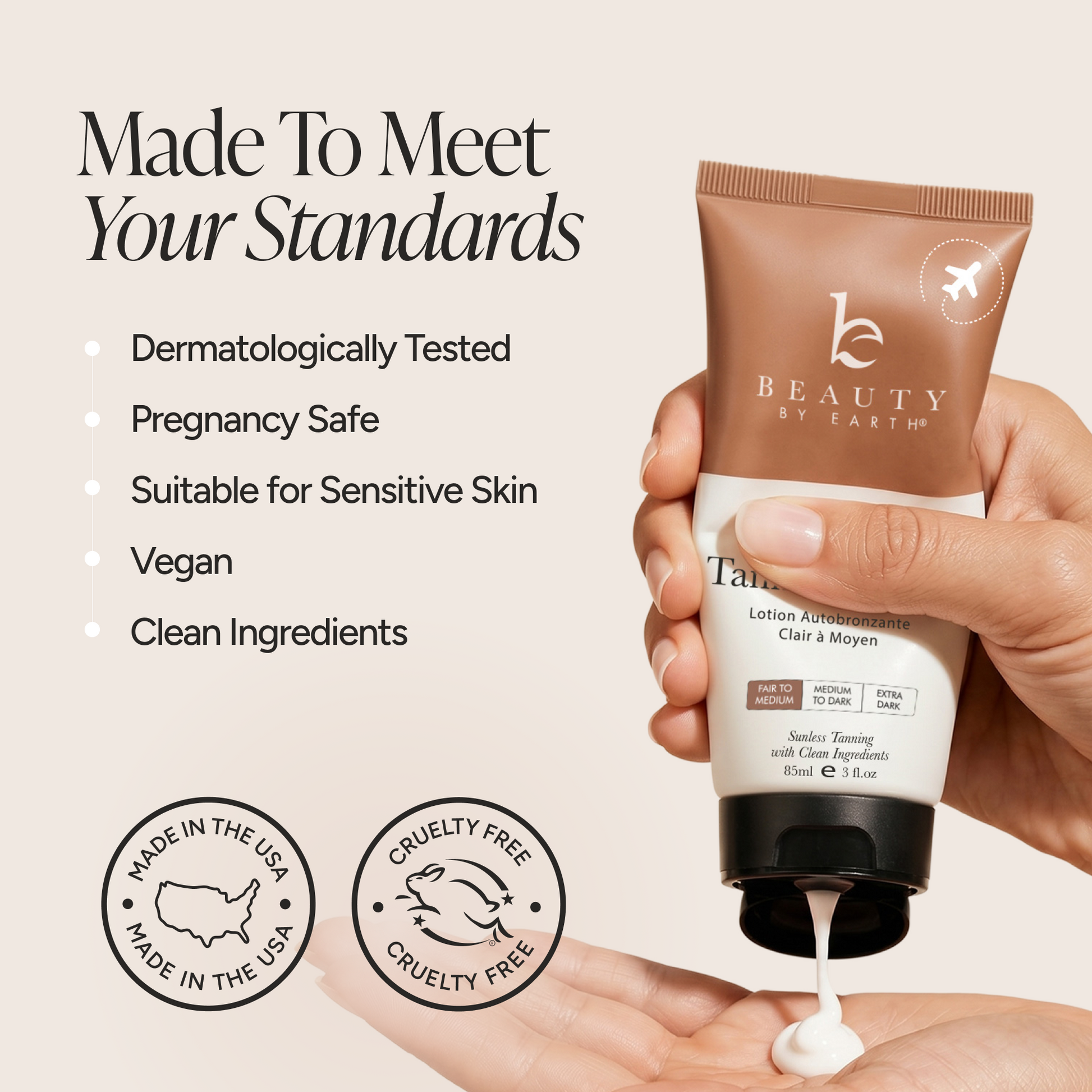A hand holds a brown and white tube of Beauty by Earth Tanning Lotion. The background is a warm beige with text highlighting product benefits like dermatologically tested, pregnancy safe, vegan, and cruelty free.