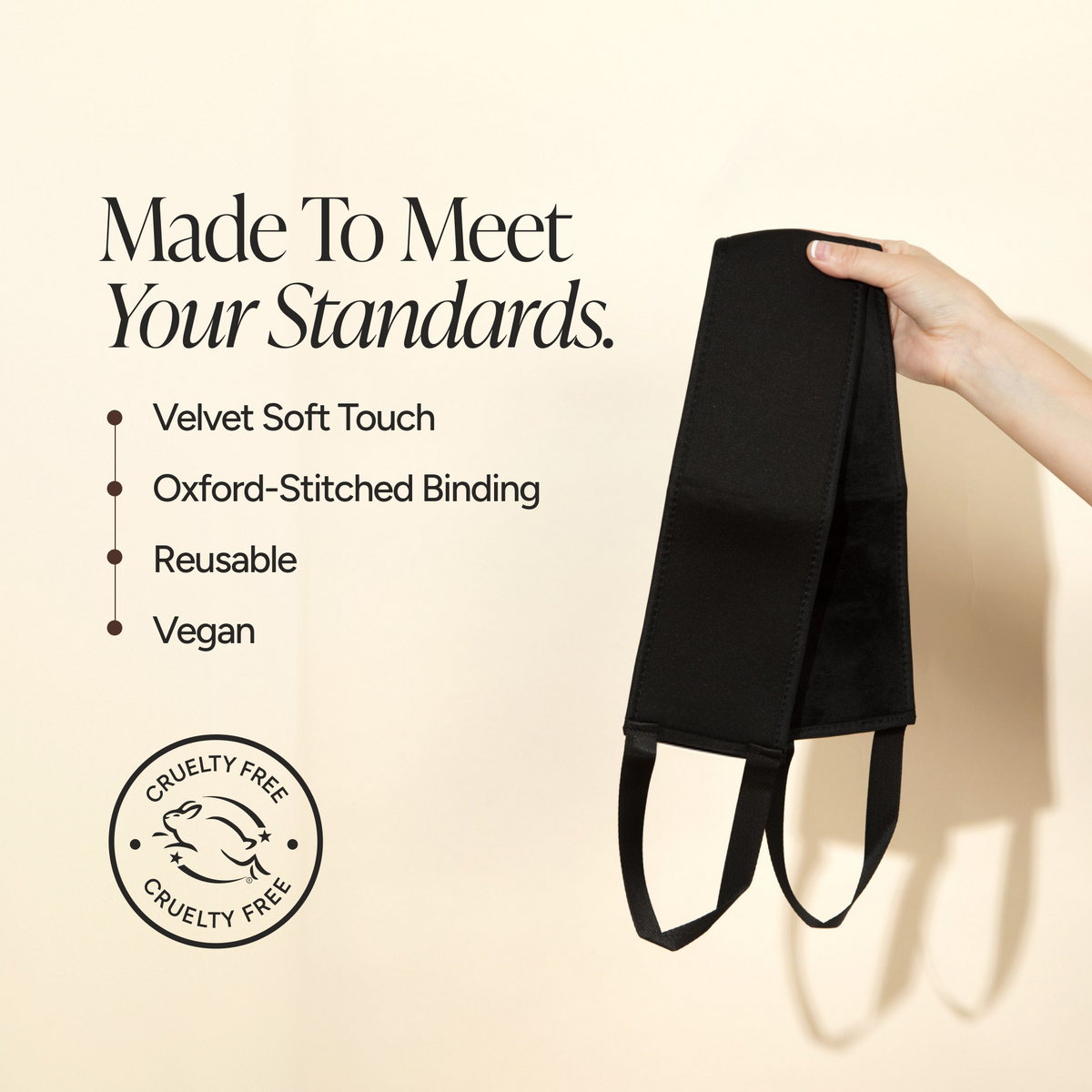 A back applicator held by a hand against a warm beige background, with marketing text listing features such as velvet soft touch, Oxford-stitched binding, reusable use, and vegan material. A circular cruelty-free logo appears in the lower left.