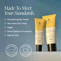 Two tubes of Beauty by Earth Barrier Protection Mineral Sunscreen SPF 50 displayed on a light gray surface against a blue gradient background, with marketing text and certification badges on the left.