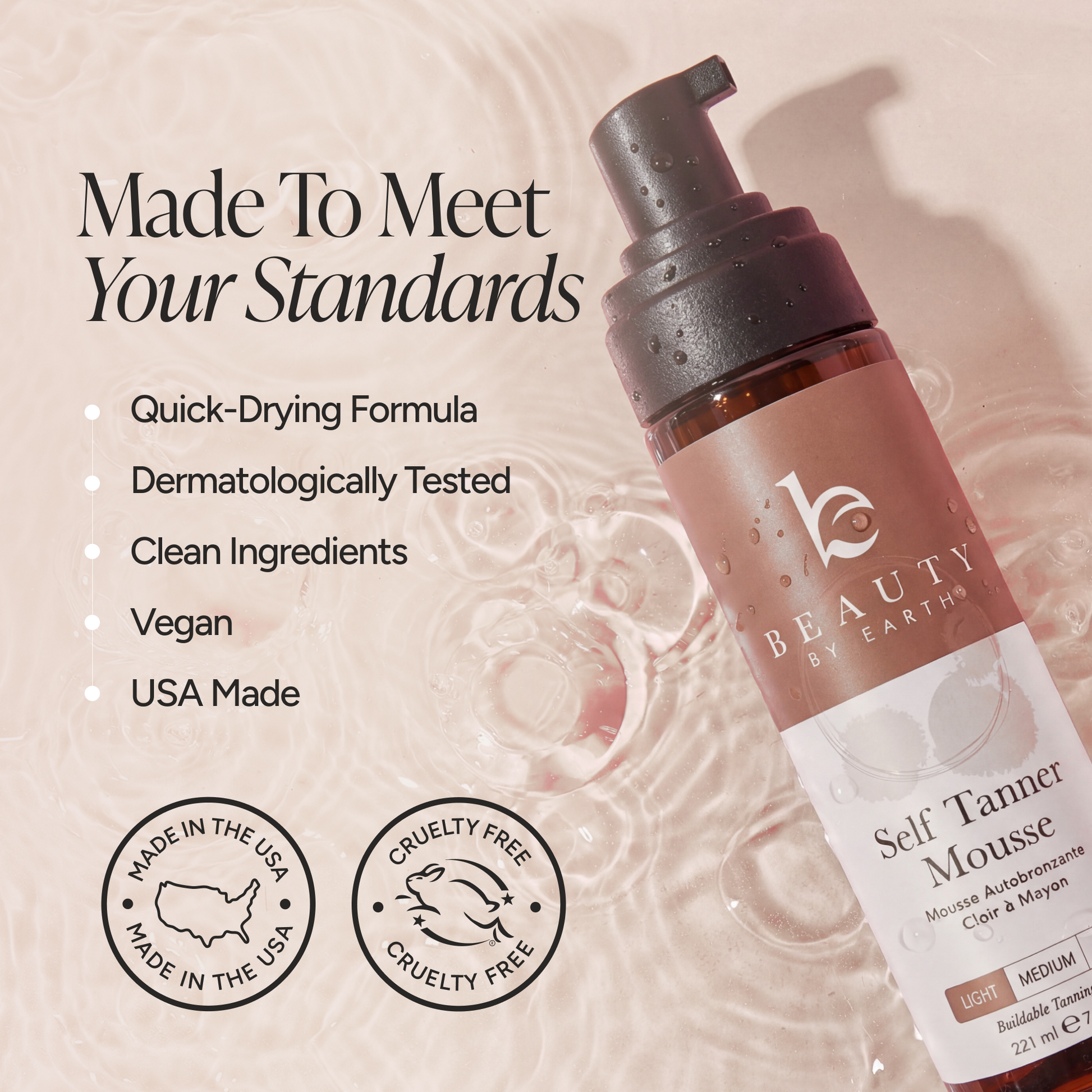 Beauty by Earth Self Tanner Mousse bottle on a beige water-textured background with marketing text and icons for quick-drying formula, dermatologically tested, clean ingredients, vegan, and USA made.