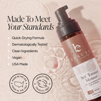 Beauty by Earth Self Tanner Mousse bottle on a beige water-textured background with marketing text and icons for quick-drying formula, dermatologically tested, clean ingredients, vegan, and USA made.