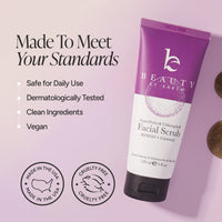 Beauty by Earth Facial Scrub in a purple and white squeeze tube, displayed on a light lavender background with marketing text and certification badges.