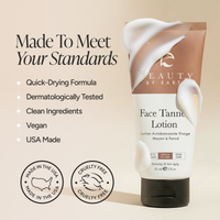 Beauty by Earth Face Tanner Lotion, featuring a white and brown design with a splash of lotion, set against a beige background with promotional text and certification badges.