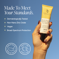 A hand holds a yellow and white tube of Beauty by Earth Face Sunscreen SPF 50 against a blue gradient background with marketing text and badges.