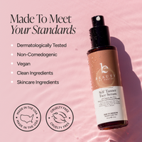 Beauty by Earth Self Tanner Face Serum in an amber glass bottle with a black pump, set against a pink textured background with marketing text and certification seals.