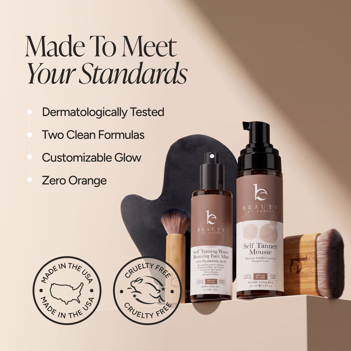 'Self Tanning Water Bronzing Face Mist'  and a 'Self Tanner Mousse' styled with a black mitt, and wooden applicator brushes on a beige background with promotional text.