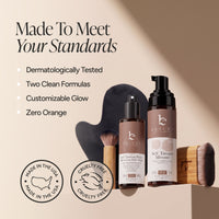 'Self Tanning Water Bronzing Face Mist'  and a 'Self Tanner Mousse' styled with a black mitt, and wooden applicator brushes on a beige background with promotional text.
