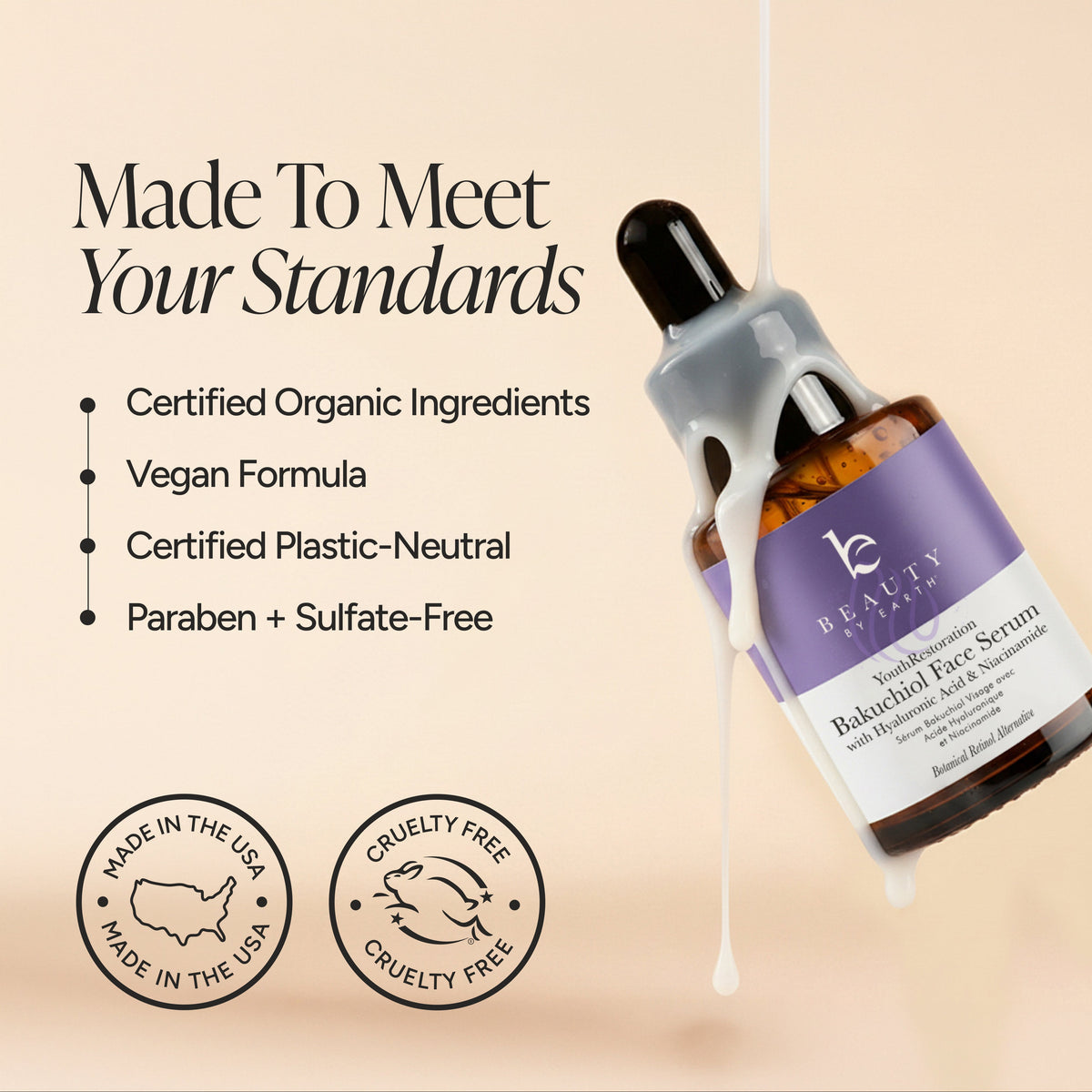 eauty by Earth Bakuchiol Face Serum beside claims of certified organic ingredients, a vegan formula, certified plastic-neutral packaging, and no parabens or sulfates.
