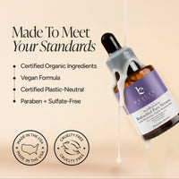 eauty by Earth Bakuchiol Face Serum beside claims of certified organic ingredients, a vegan formula, certified plastic-neutral packaging, and no parabens or sulfates.