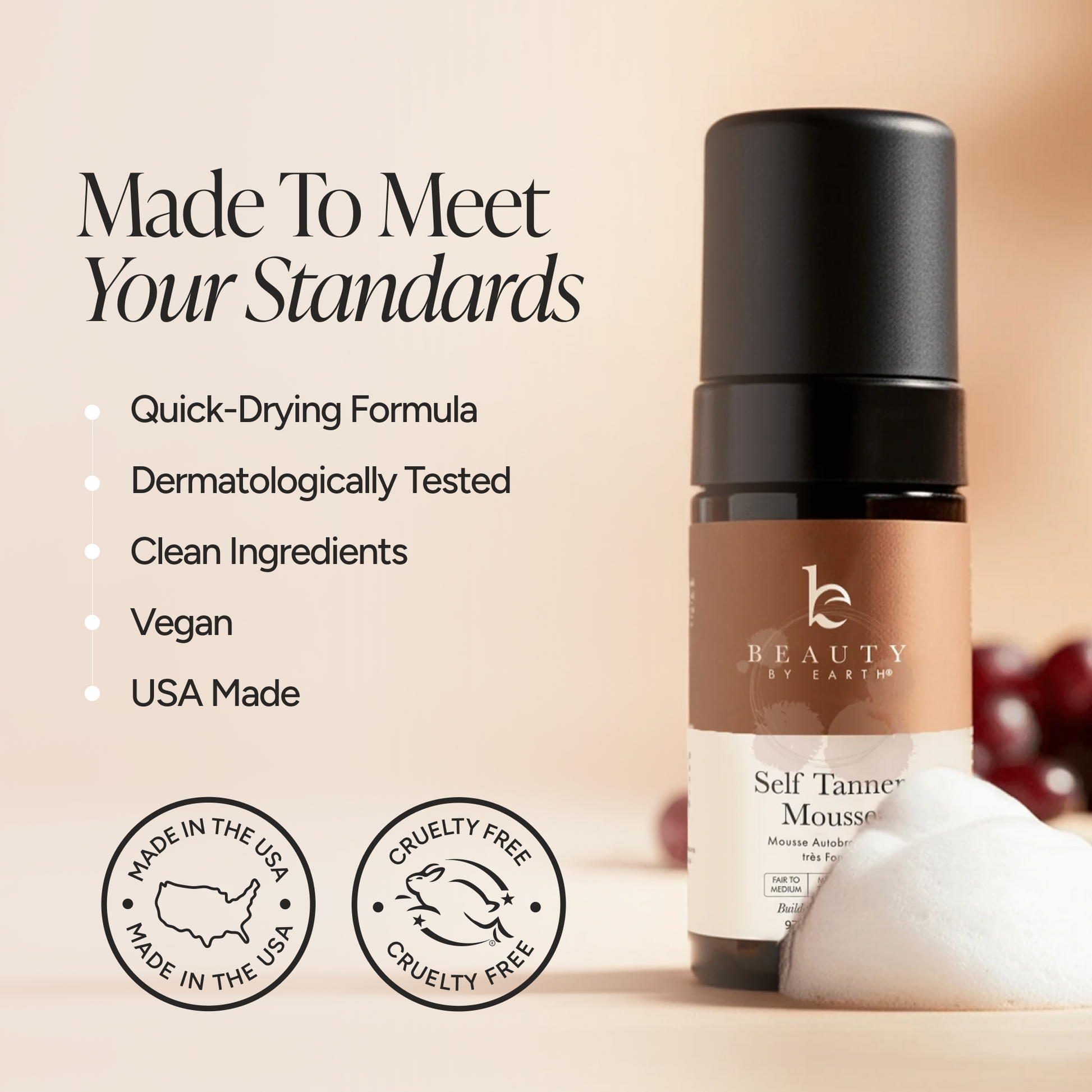 Beauty by Earth Self Tanner Mousse bottle on a warm beige background with promotional text.