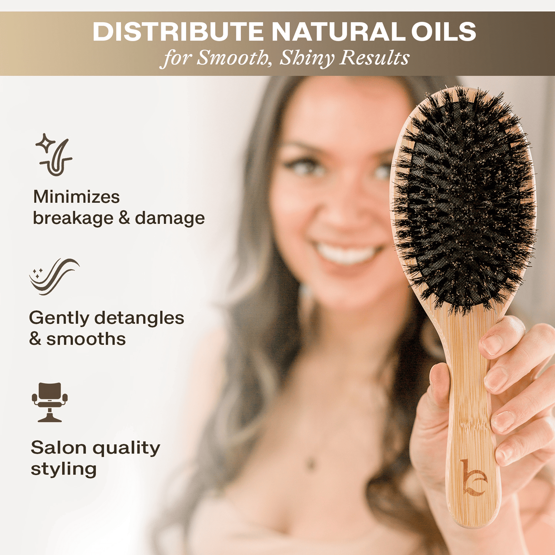 Woman holding a wooden hairbrush with text about distributing natural oils for hair care.