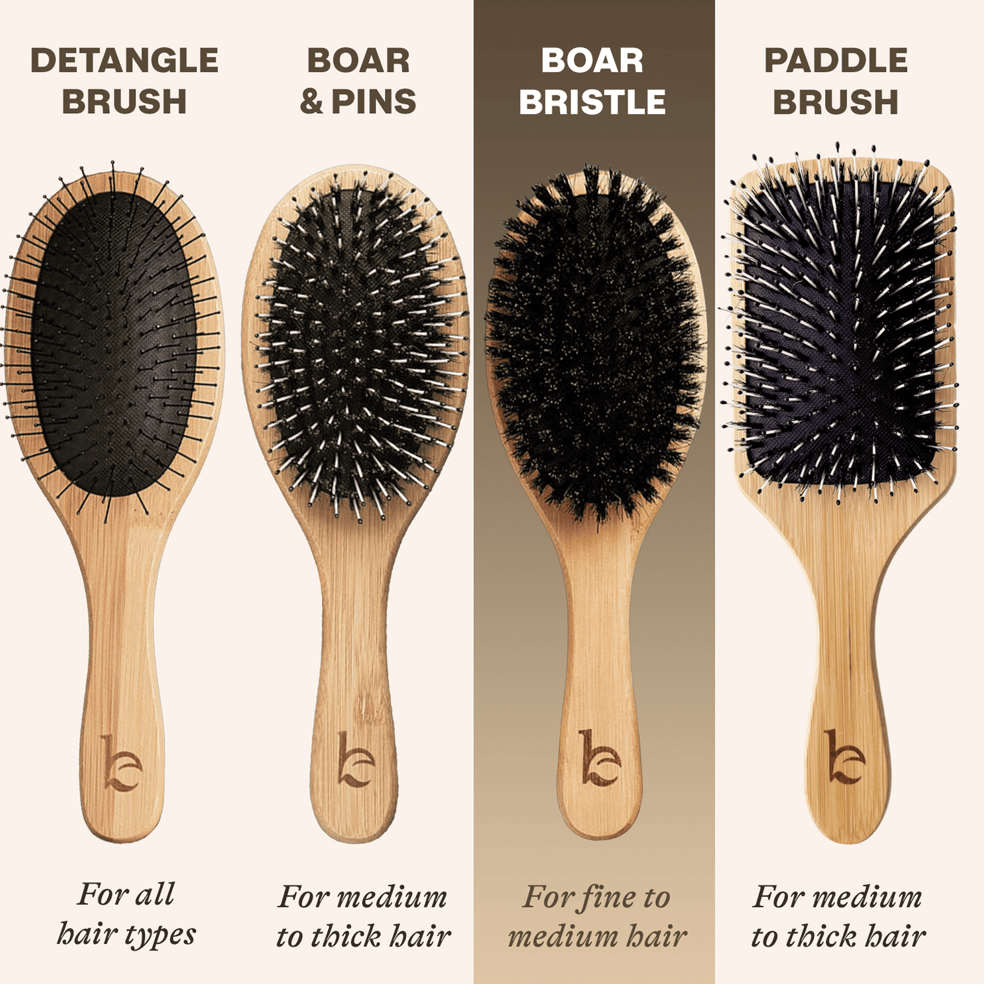 Set of four hairbrushes with different bristle types and descriptions on a beige background.
