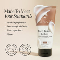 Beauty by Earth Face Tanner Lotion, featuring a white and brown design with a splash of lotion, set against a beige background with promotional text and certification badges.
