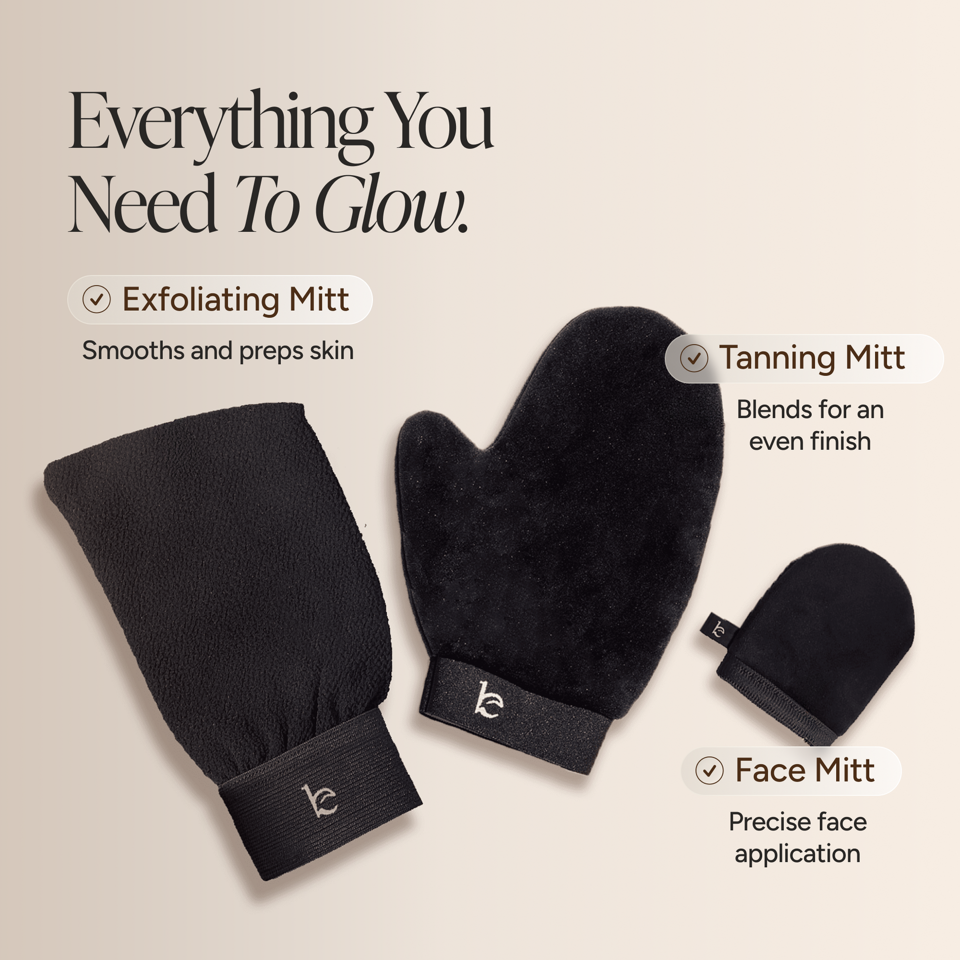 3 black beauty mitts arranged on a warm beige background with text labels: exfoliating mitt, tanning mitt, and face mitt. The image includes the headline 'Everything You Need To Glow.