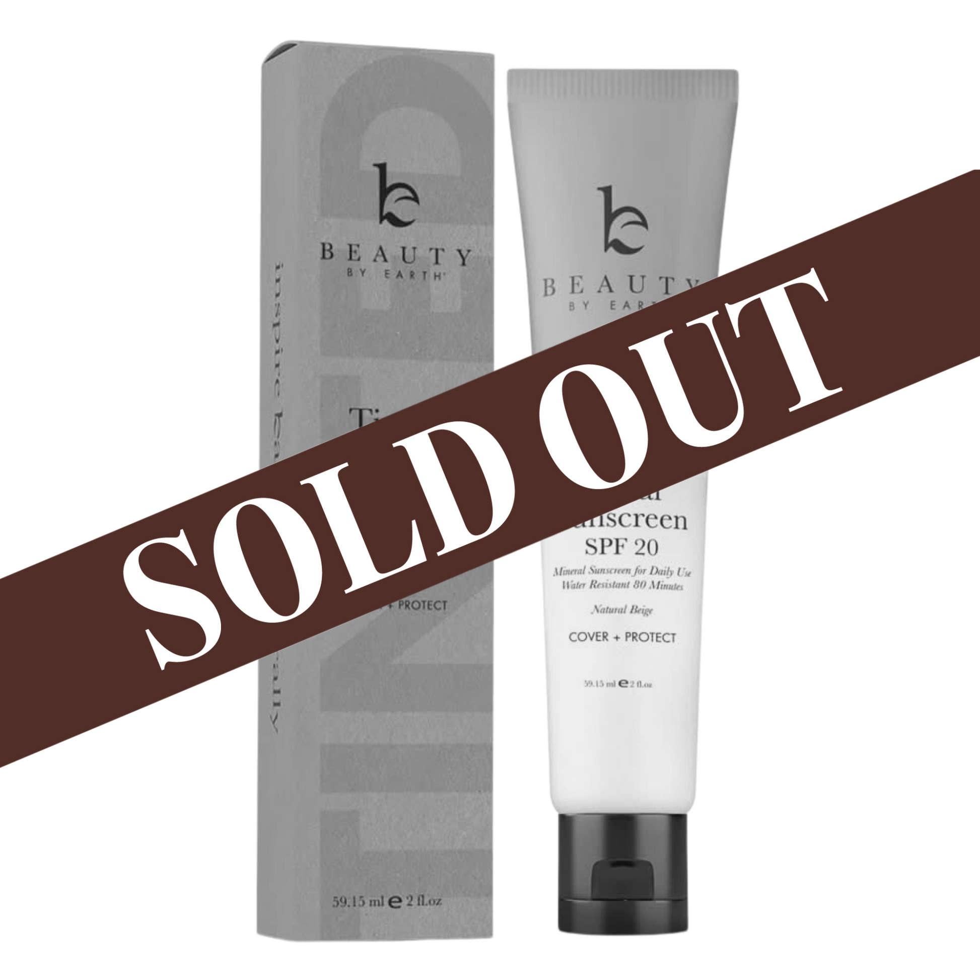 Beauty by Earth sunscreen with packaging and 'SOLD OUT' label on a white background