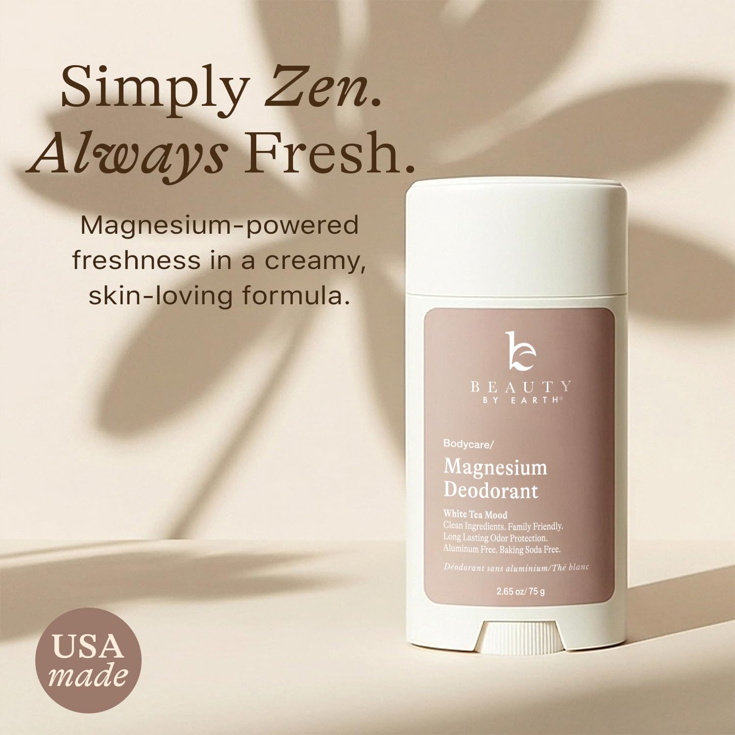 Beauty by Earth magnesium deodorant stick on a beige background with text about freshness and ingredients.