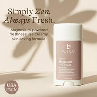 Beauty by Earth magnesium deodorant stick on a beige background with text about freshness and ingredients.