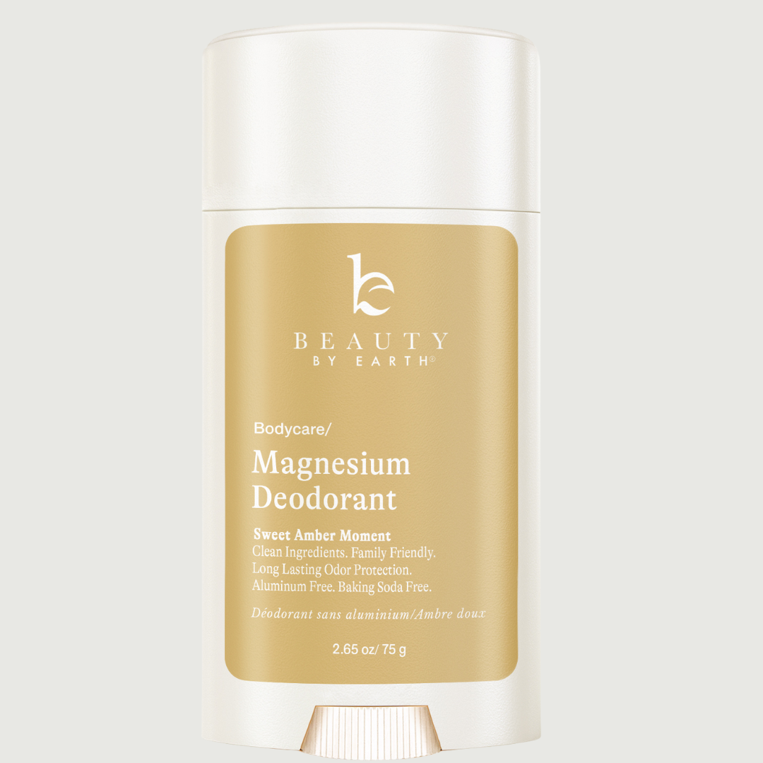 Beauty by Earth magnesium deodorant on a light gray background