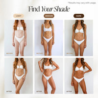A six-panel shade guide titled 'Find Your Shade' showing models in white bikinis labeled Light, Medium, and Dark before and after, on a clean white background.