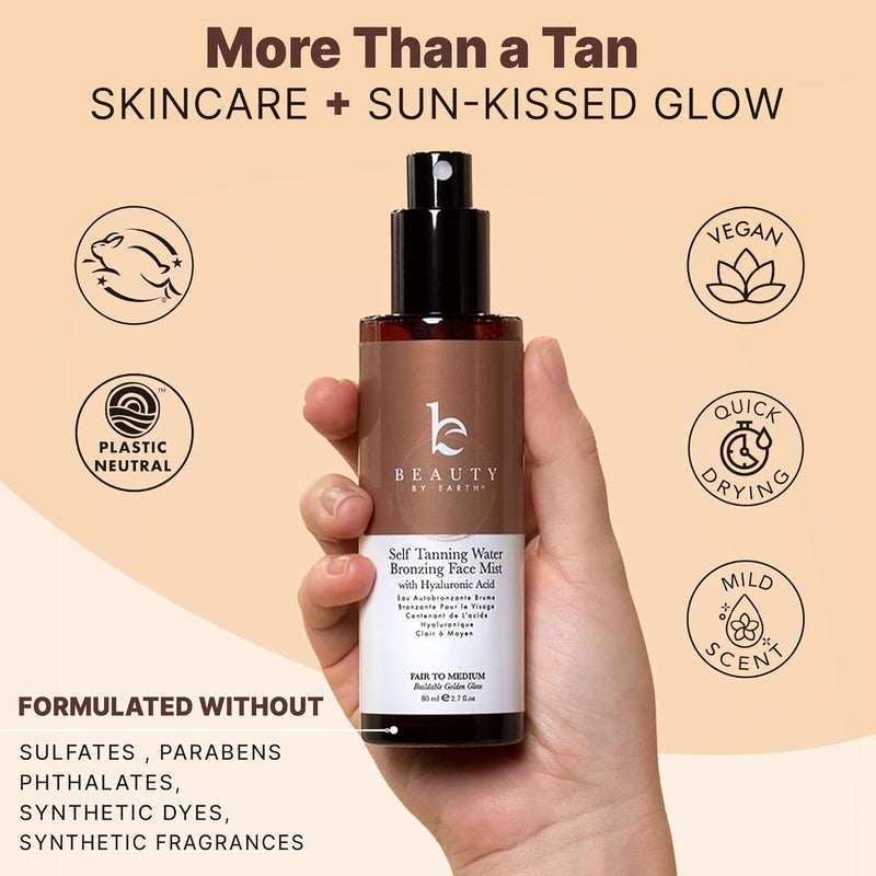 More than a tan - skincare plus sun-kissed glow. FOrmulated without sulfates, parabens, phthalates, synthetic dyes, synthetic fragrances. Plastic neutral, vegan, quick drying, mild scent 