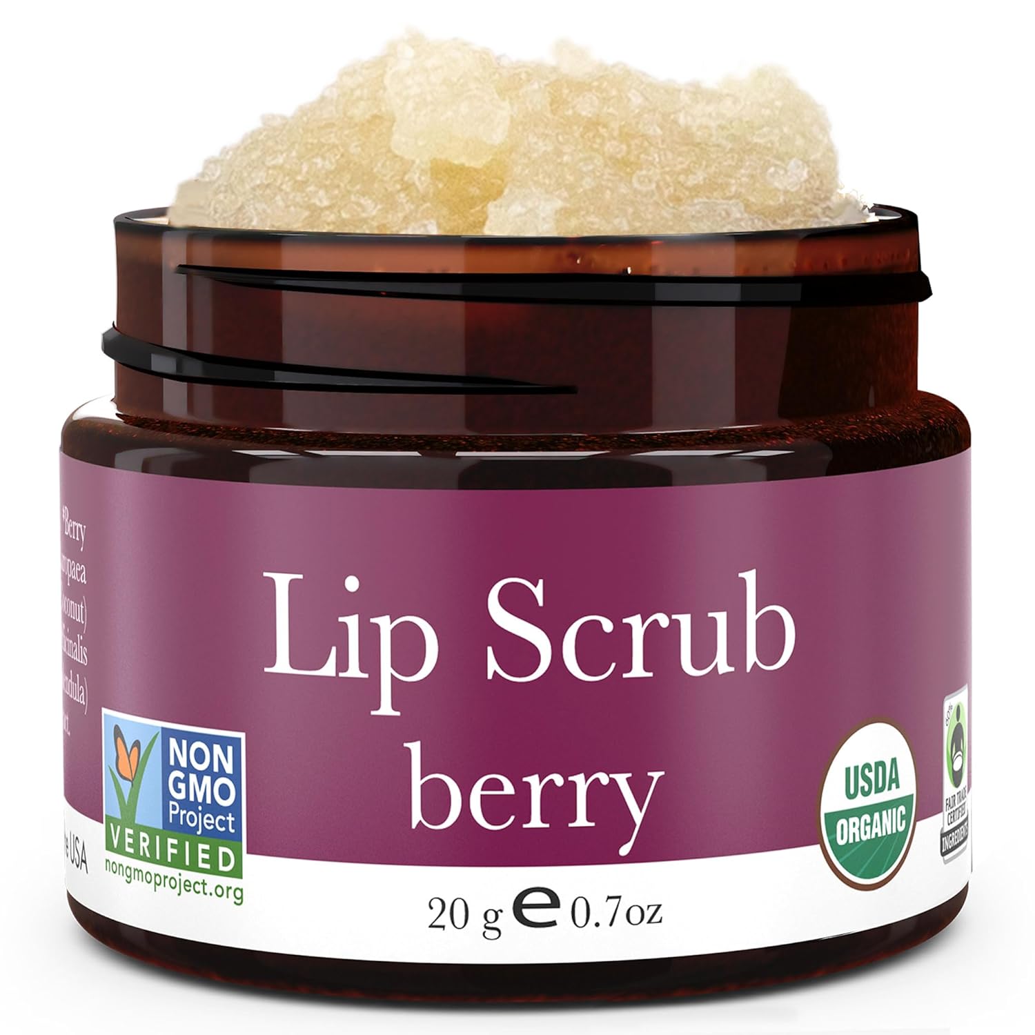 Jar of lip scrub with a purple label on a white background