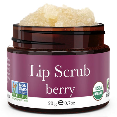 Jar of lip scrub with a purple label on a white background