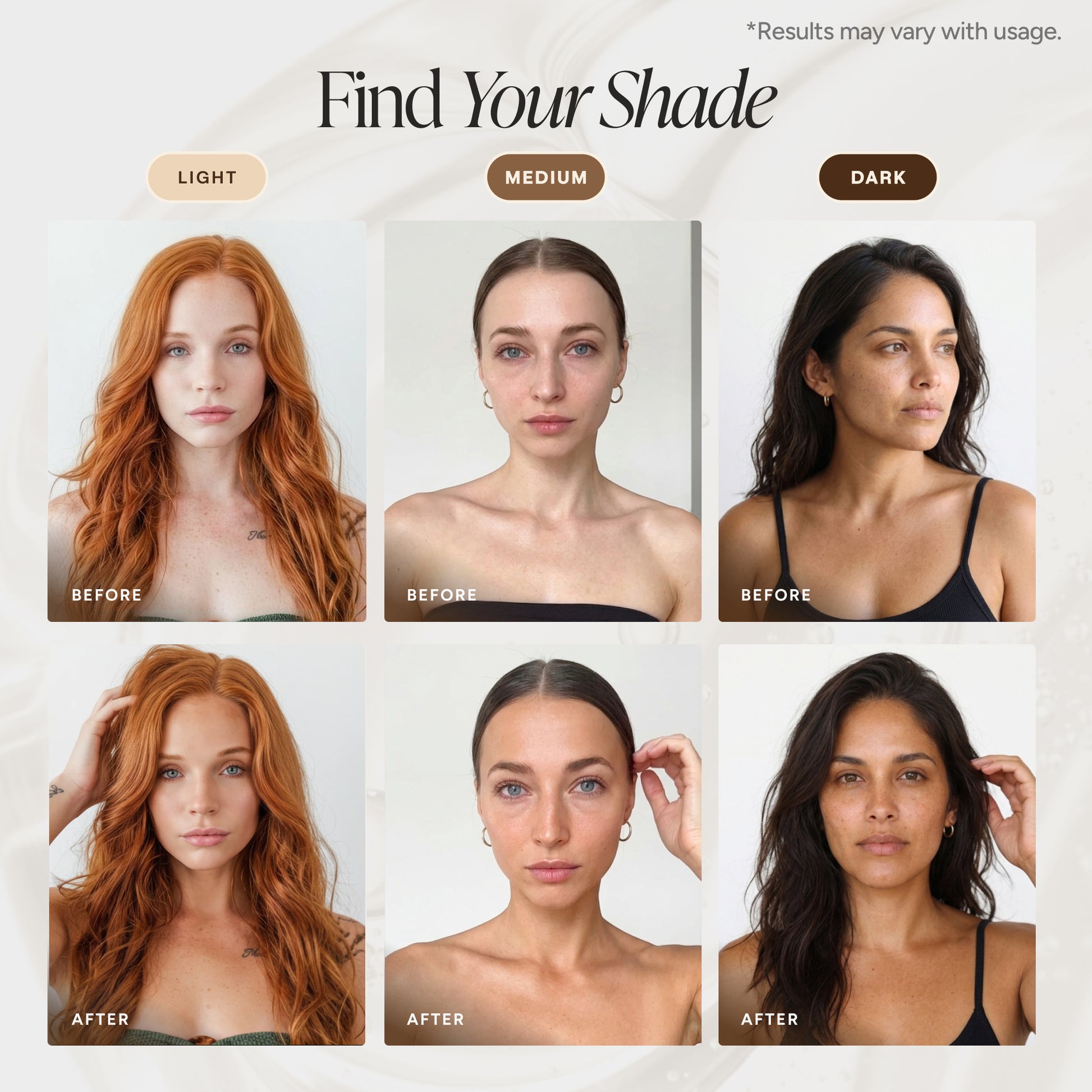 A shade-finding infographic titled 'Find Your Shade' showing six female model portraits arranged in a grid, labeled Light, Medium, and Dark with before/after hair color and texture comparisons. The image explains how a product color maps to a model's natural shade rather than showing the product container itself.