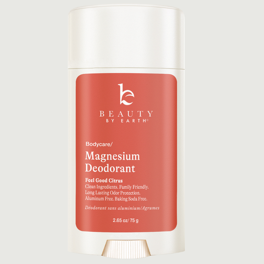 Beauty by Earth feel good citrus  magnesium deodorant on a light gray background