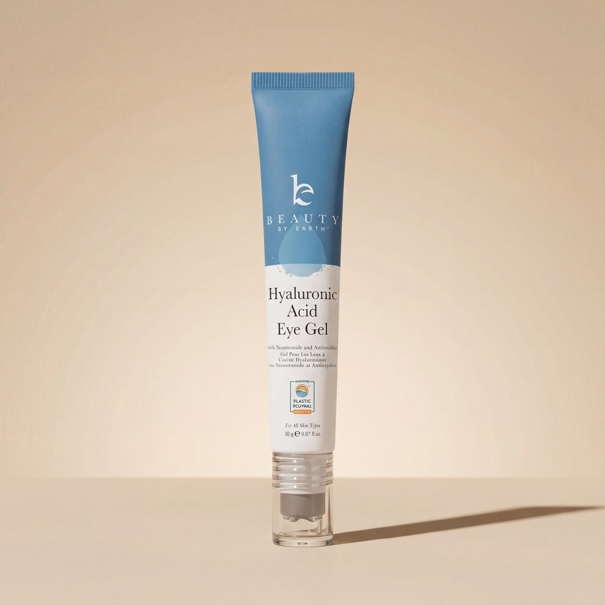 Tube of Hyaluronic Acid Eye Gel on a beige background