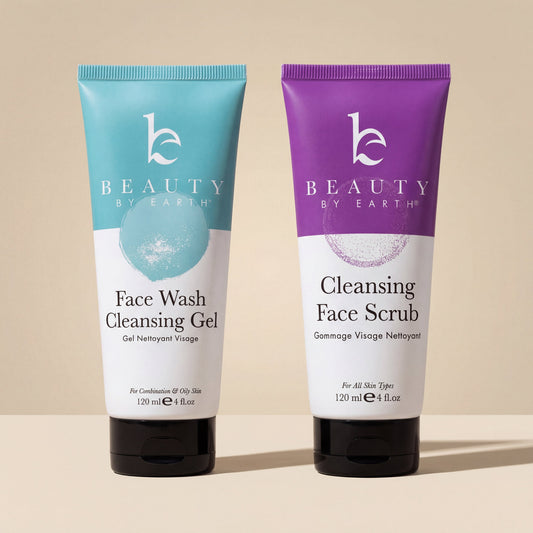 Two tubes of 'Beauty by Earth' skincare products on a beige background