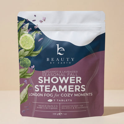 Packaging of Beauty by Earth shower steamers with botanical design on a beige background