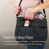 A black quilted shoulder bag worn by a person, shown with a hair product and a clear bottle in its front pocket. White marketing text at the bottom reads 'Made For Busy Days.