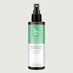 Bottle of Beauty by Earth After Sun Cooling Aloe Vera Spray on a light gray background
