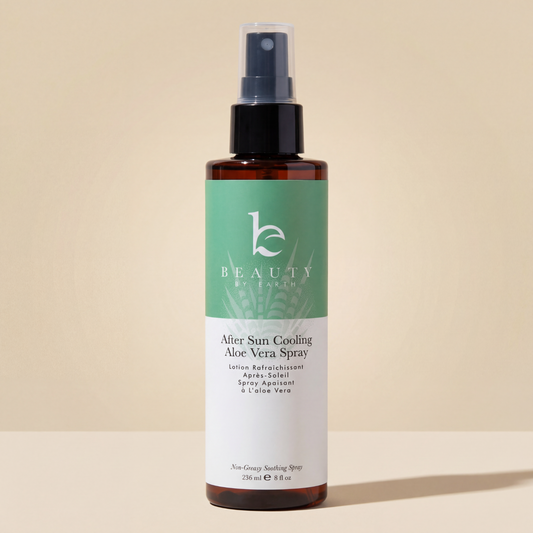 After sun cooling aloe vera spray bottle on a beige background